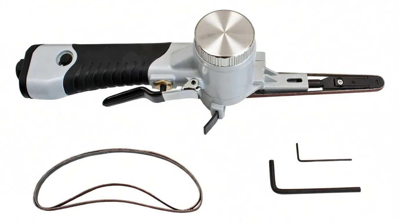 Top-down view of air belt sander showing red-labeled adjustment knob, mounted belt, spare belt and hex keys