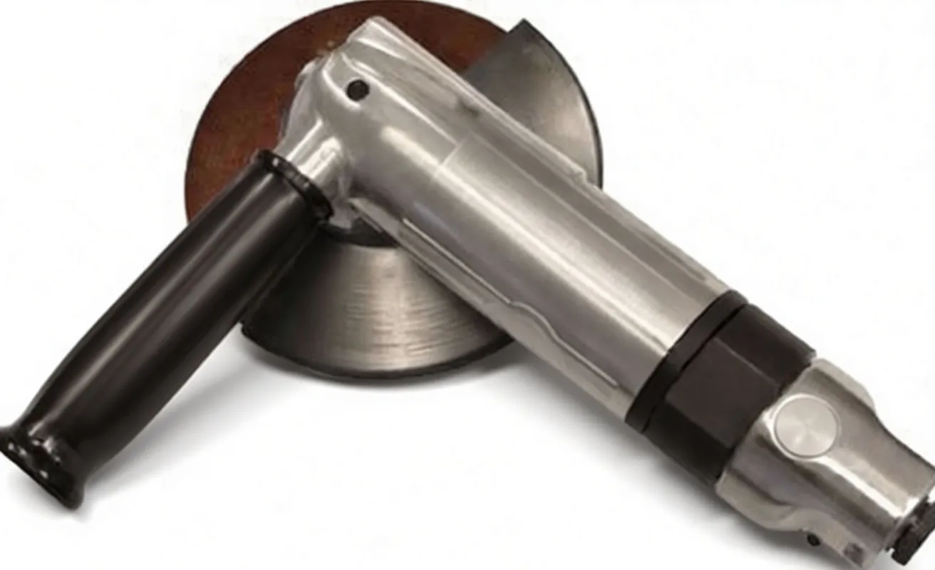 Profile view of angle grinder with blue 'S' logo, side handle, guard and dimension callouts (223 mm x 90 mm)