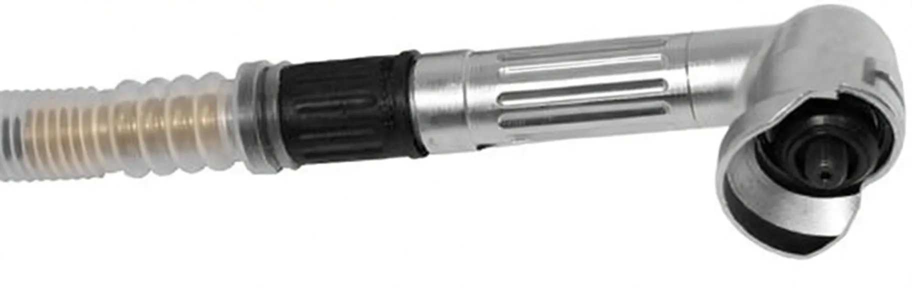 Side view of micro grinder with L-shaped head, square sanding pad, ribbed silver handle, red label band and black corrugated hose.