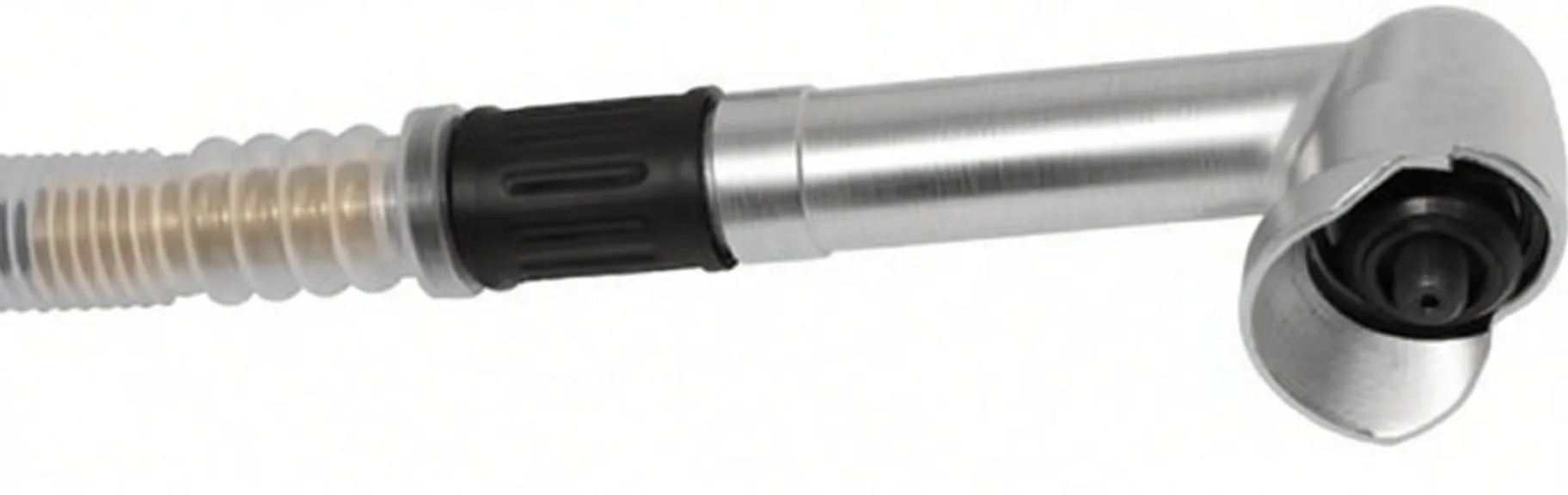 Angled view of micro grinder head and barrel showing spindle guard, ribbed aluminum handle, black grip and clear hose with inner spiral.