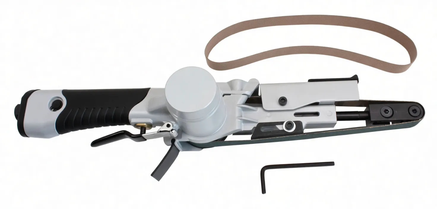 Top view of pneumatic belt sander showing tension knob labeled AIR TOOL BELT SANDER, replacement belt with markings ZK713X 80, trigger and hex key