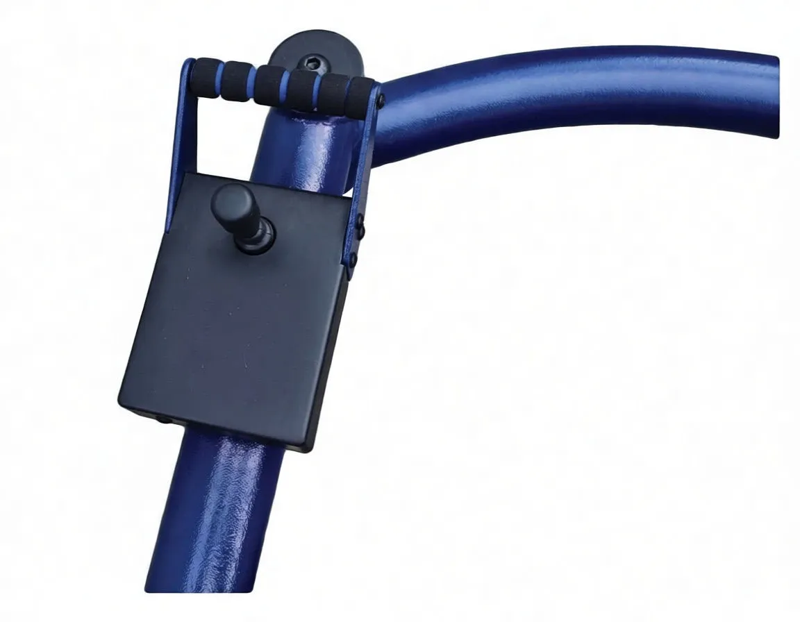 Control box on blue arm with joystick and green label reading 'Pneumatic Switch' and foam handle