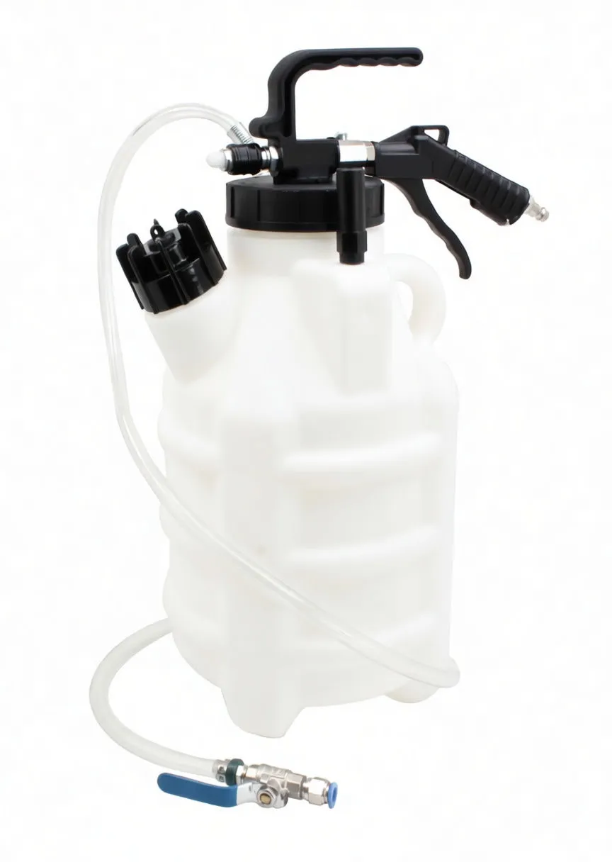 Angled shot of pump with black pistol air gun, translucent tank, adapter cap and coiled clear hose