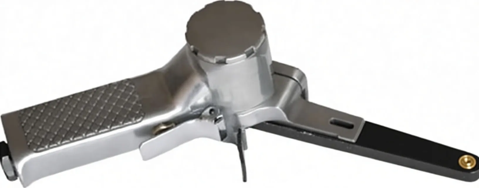 Angled top view of belt sander showing round top cap with text, textured handle plate, trigger lever and black belt arm