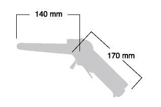 Dimensional diagram silhouette of the belt sander showing 140 mm and 170 mm measurements