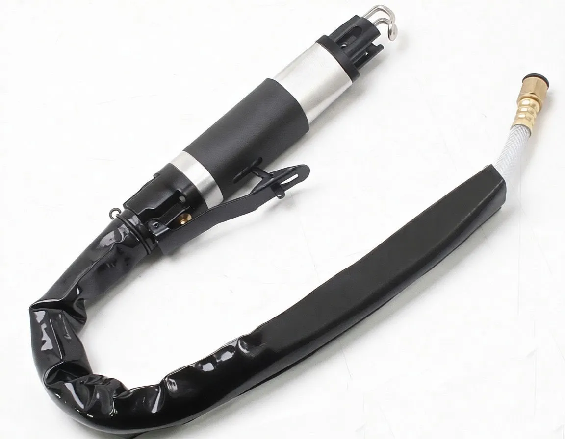 Air body saw with braided air hose, protective black sleeve and brass connector; black and silver cylindrical tool with trigger and safety lever