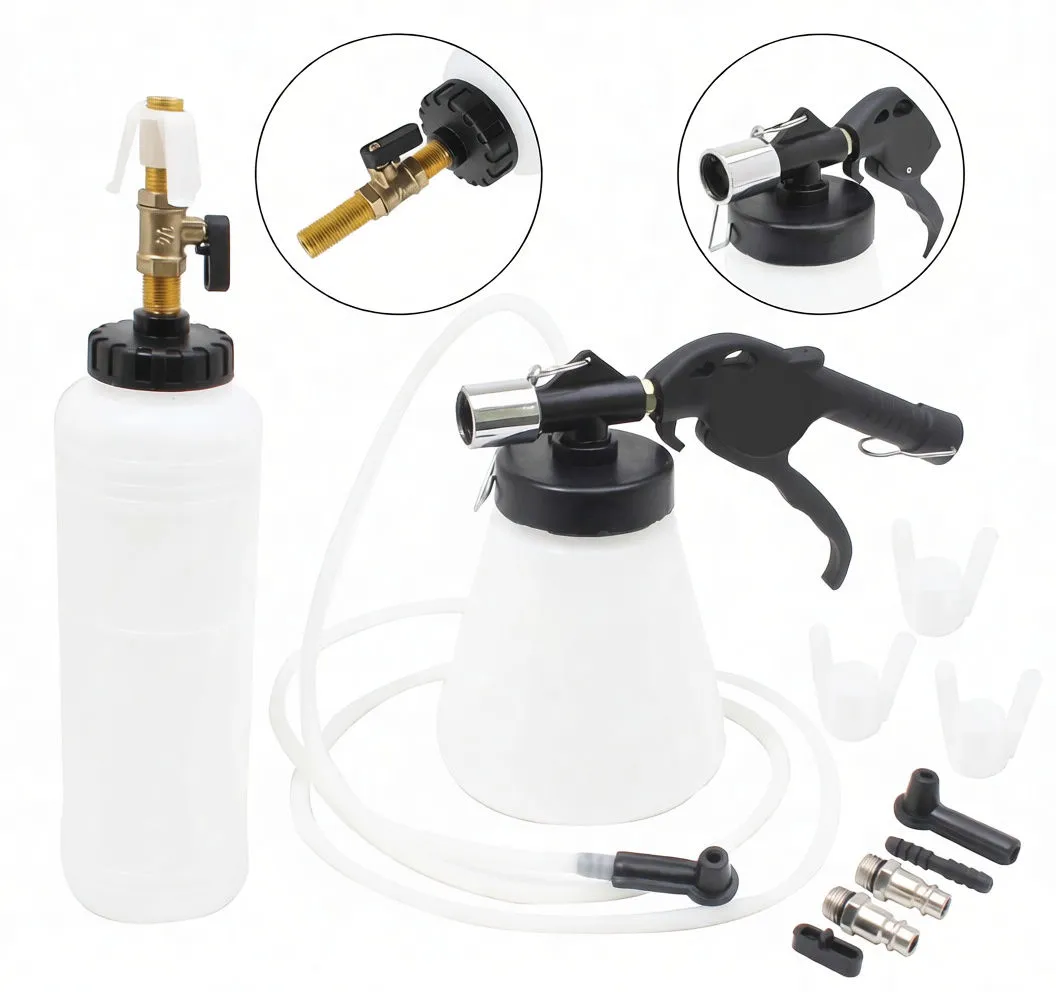 Brake bleeder and fluid extractor kit with inset close-ups of brass valve and pistol nozzle showing 'saTra' and model marking