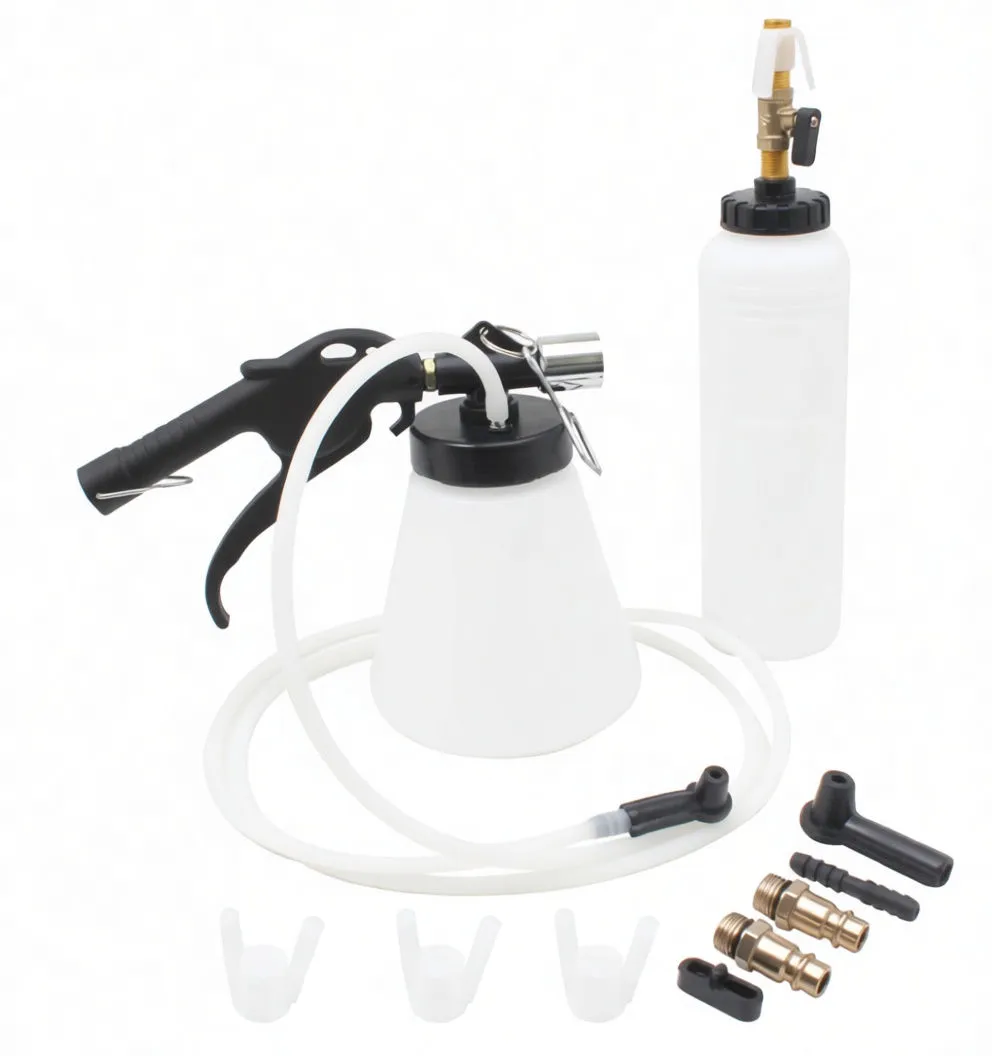 Angled arrangement of fluid extractor showing pistol grip, conical reservoir, clear hose, tall bottle with brass valve and small adapters