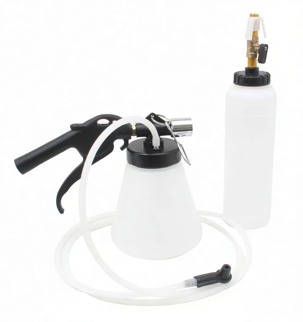 Conical fluid collector and pistol extractor with refill bottle, hoses, metal quick couplers and plastic adapters, brand marking visible