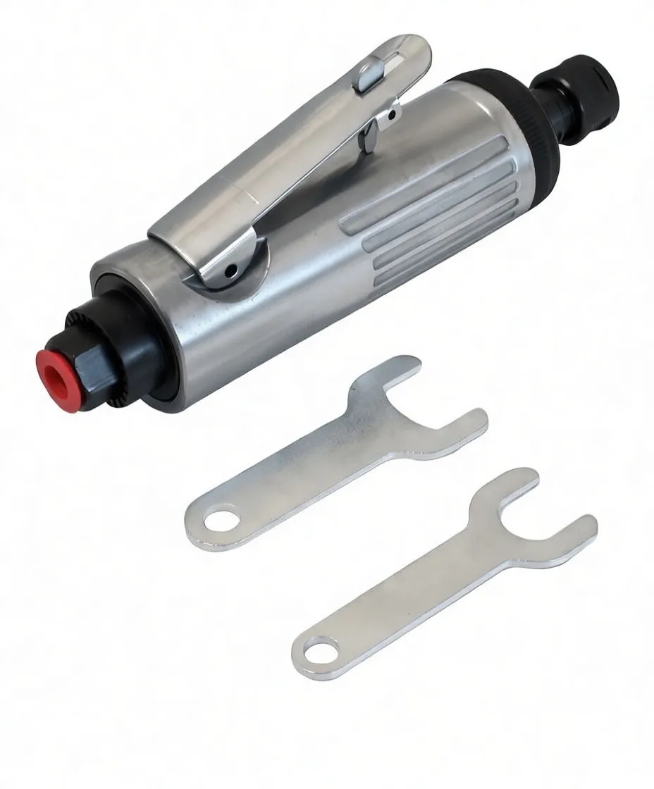 Angled close-up of collet chuck, throttle lever, wrenches and air connector