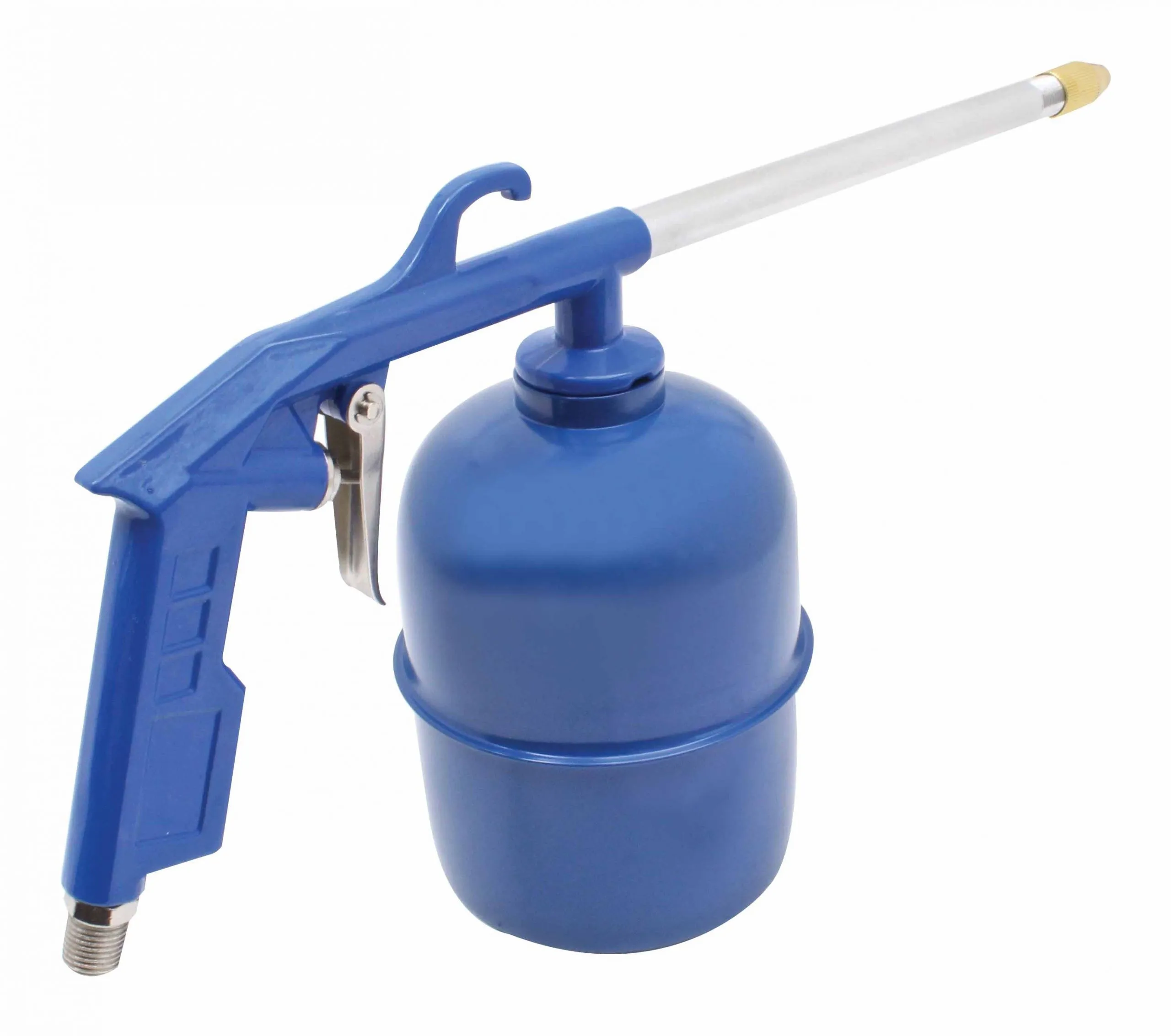 Angled close-up of blue engine cleaning gun showing trigger, top hook, reservoir and brass nozzle