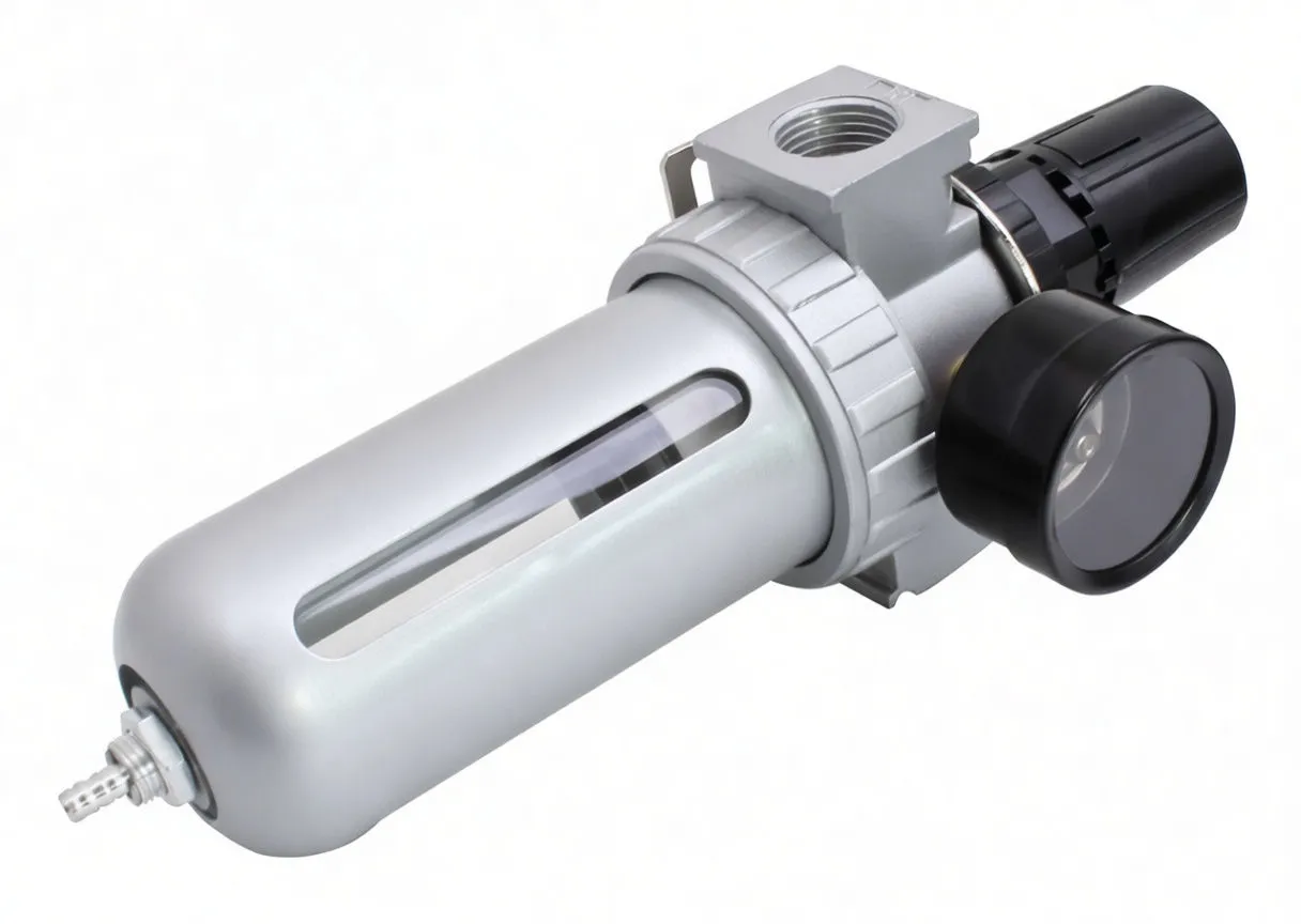 Angled view of filter regulator with side-mounted gauge, black adjustment cap, printed red text on silver bowl, and square threaded top port.