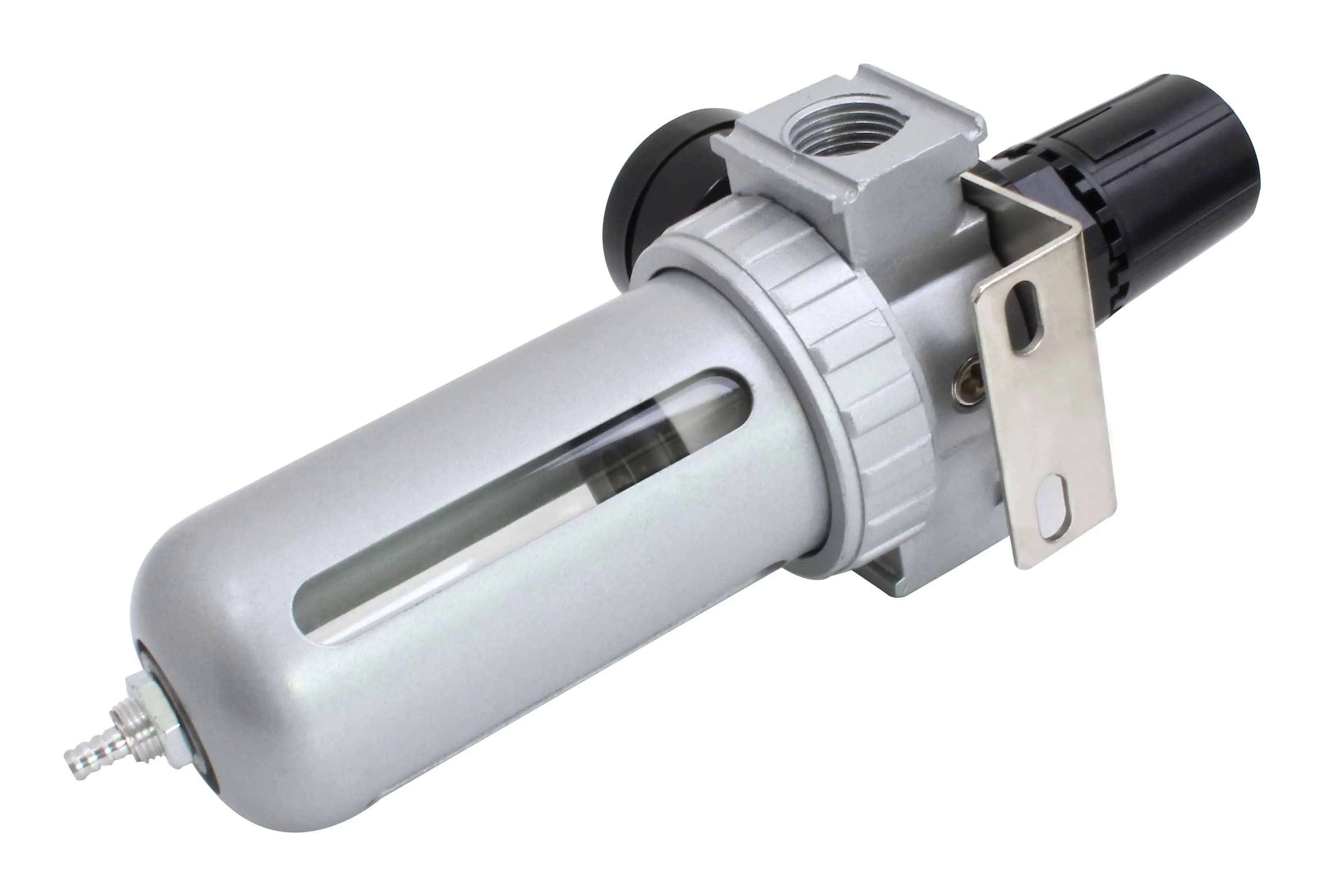 Side-angle of filter regulator showing transparent window, mounting bracket, threaded inlet port, and bottom hose-barb drain.
