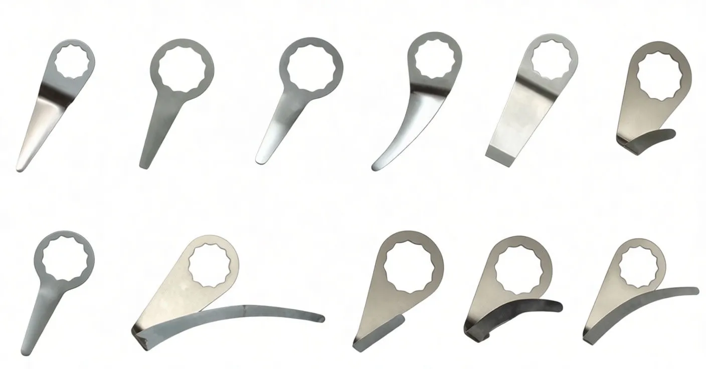 Grid of replacement metal cutting blades for window knife with ring mounts and labels 8E to 8Q showing various tip shapes