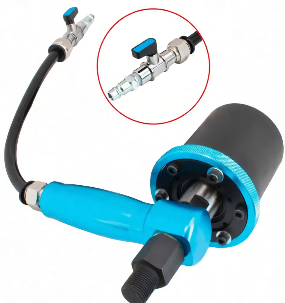 Close-up of blue pneumatic hammer, black cylinder, threaded stud, multiple extractor sockets and inline valve