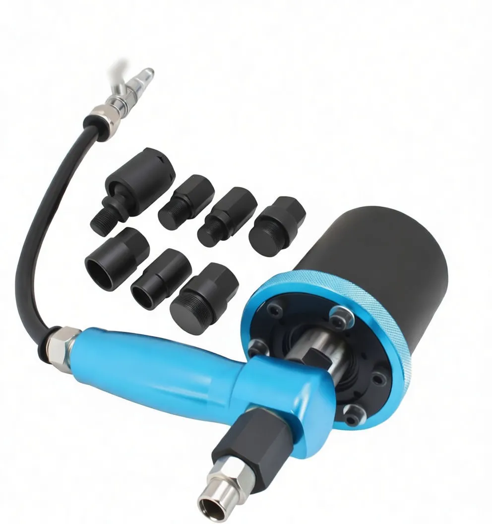 Angled shot of open case showing blue handle pneumatic hammer and arranged sockets