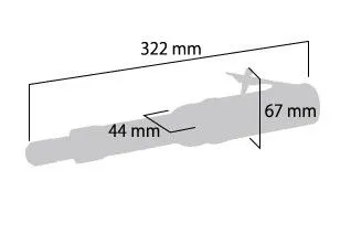 Schematic silhouette of the tool with dimensions: 322 mm length, 44 mm shaft, 67 mm height