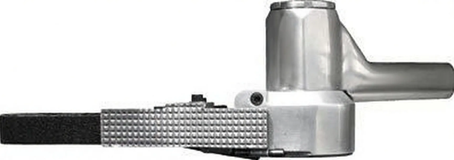 Side view of metallic pneumatic belt sander with blue logo, safety icons and narrow sanding belt