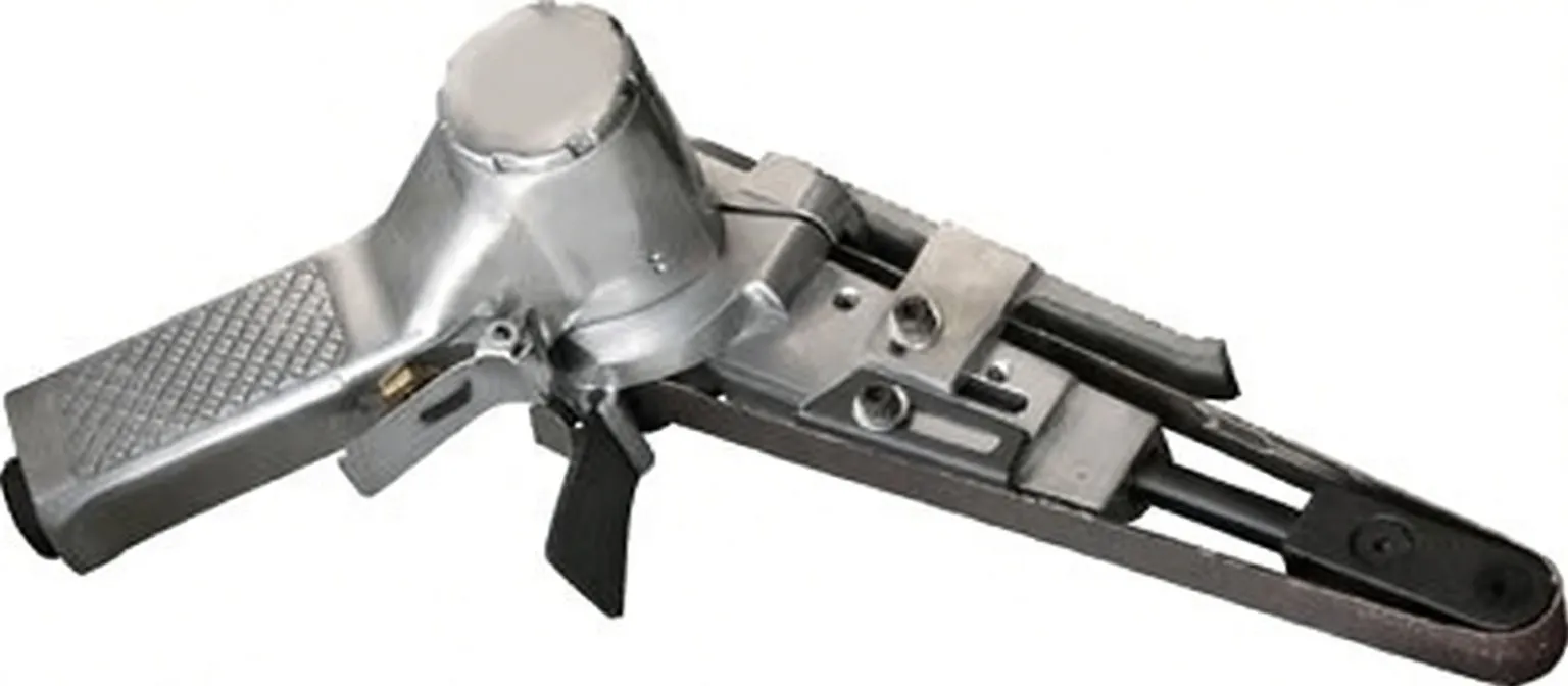 Underside/oblique view of belt sander showing rollers, platen, tension mechanism and textured grip