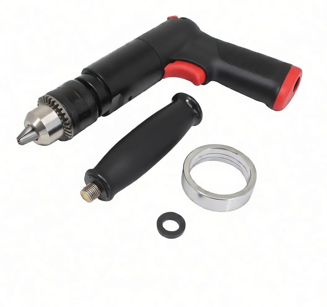 Pneumatic drill with detached side handle, metal collar, washer and chuck key displayed