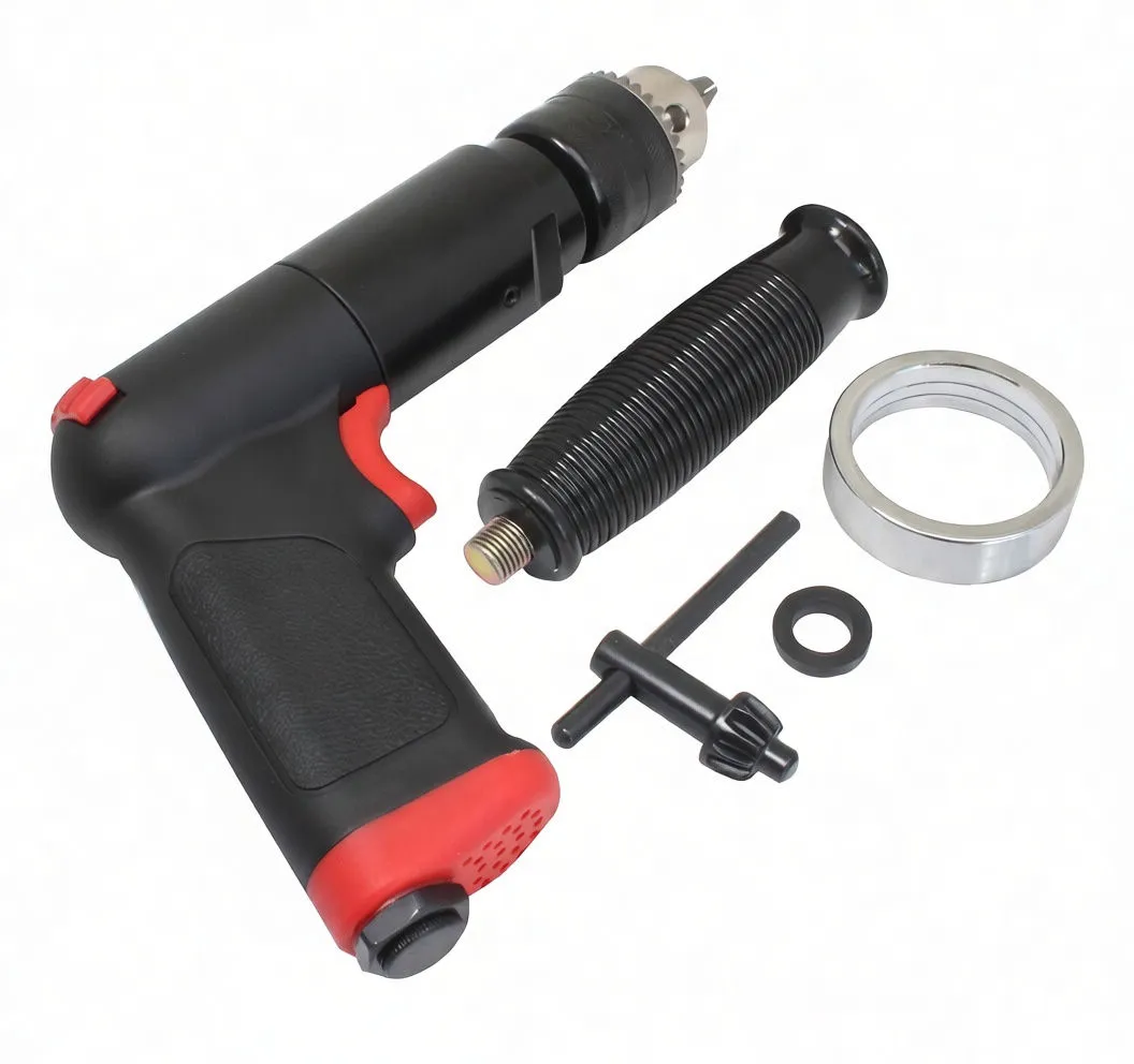 Overhead view of ASTA pneumatic pistol drill and its accessory parts (side handle, collar, washer, chuck key)