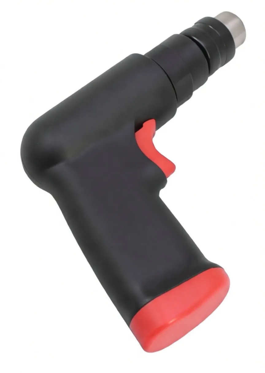 Underside view of ASTA air drill showing rubber grip, red base cap and air inlet nut with chuck key