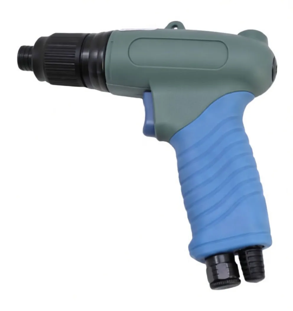 Rear/top view of green pistol air screwdriver showing side label, selector lever and rear exhaust ports