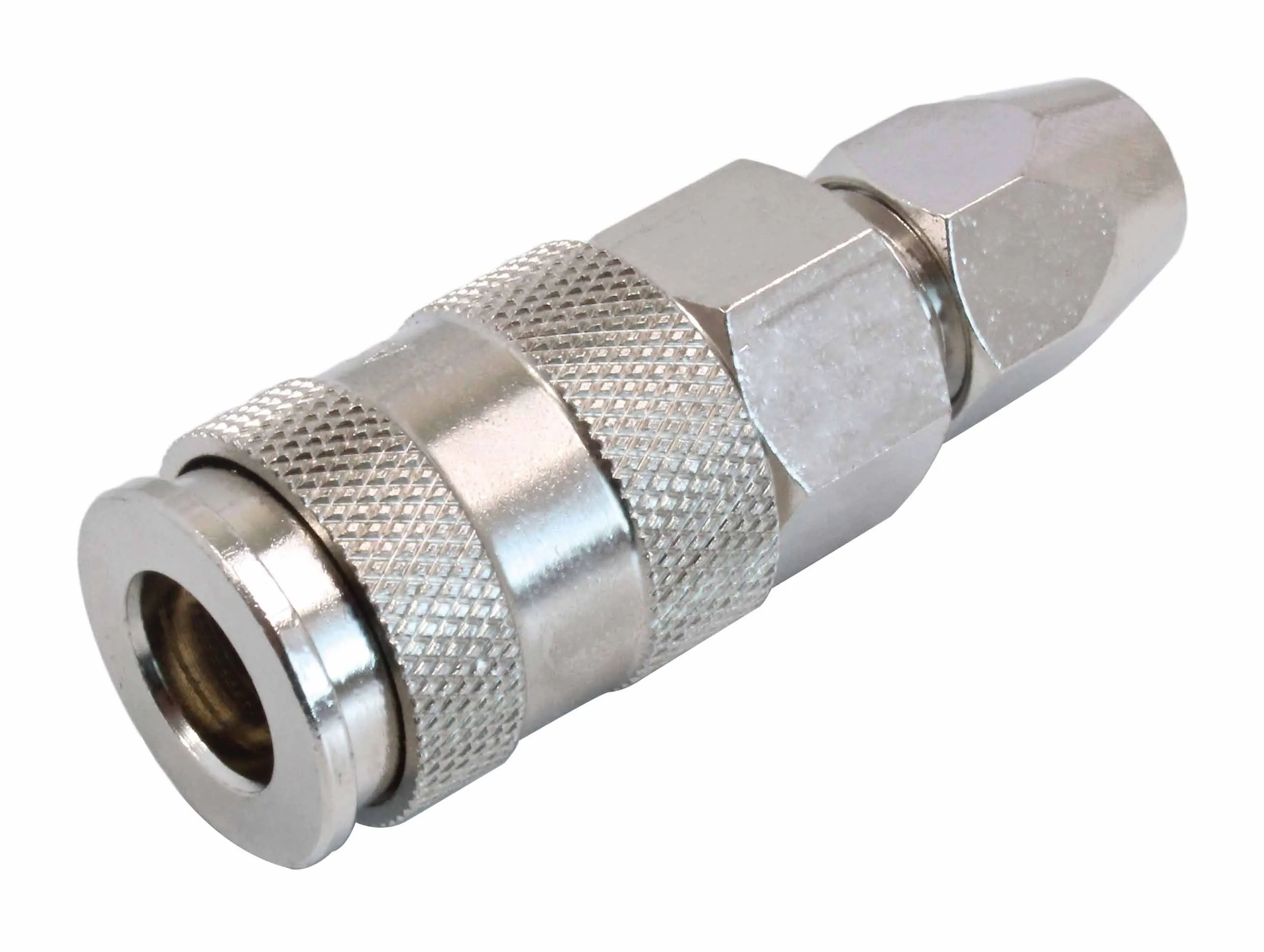 Rear/side view of quick coupler showing rear aperture, knurled sleeve and hex nut