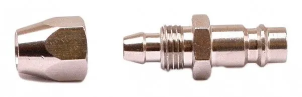 Disassembled quick-connect adaptor showing outer cap and inner threaded nipple with hex and barbed hose tail