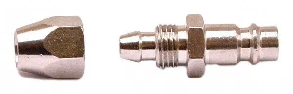 Disassembled pneumatic quick connect adaptor showing conical sleeve on left and threaded/babbed nipple with hex flats and locking grooves on right