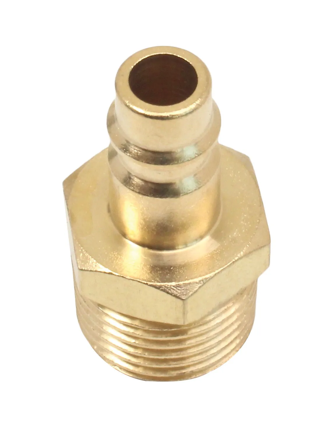 Top view into barbed end of brass male quick connect adapter showing hex flats and threaded body.