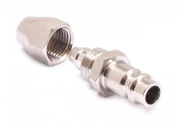 Close-up image of adaptor cap and nipple showing internal threads, hex flats, and barbed hose tail