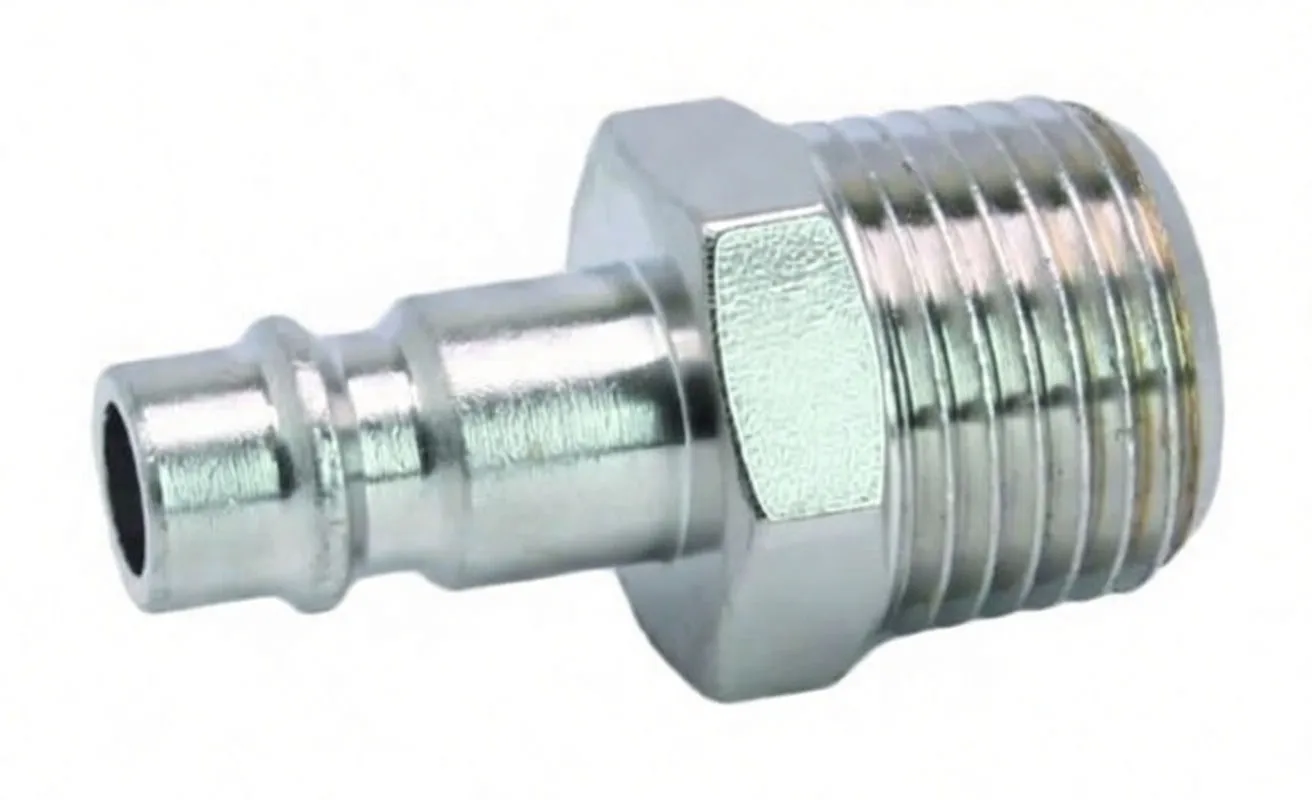 Close-up of threaded male end and hex flats of a nickel-plated brass quick connect coupling adaptor