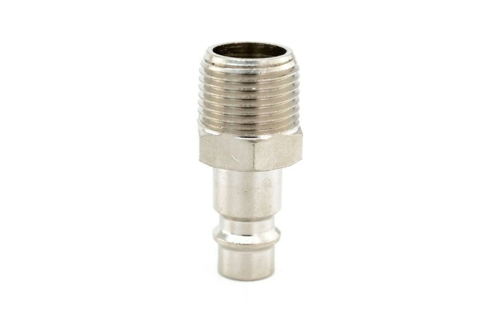 Pneumatic male quick connect adaptor showing open threaded end, hex flats and hose barb on white background