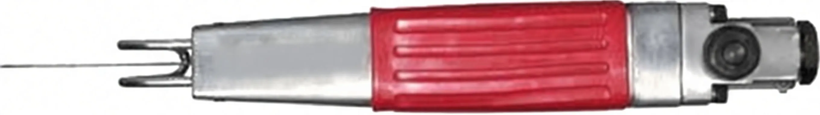 Top-down view of pneumatic jigsaw showing blade holder, red grip, top labels and rear adjustment cap