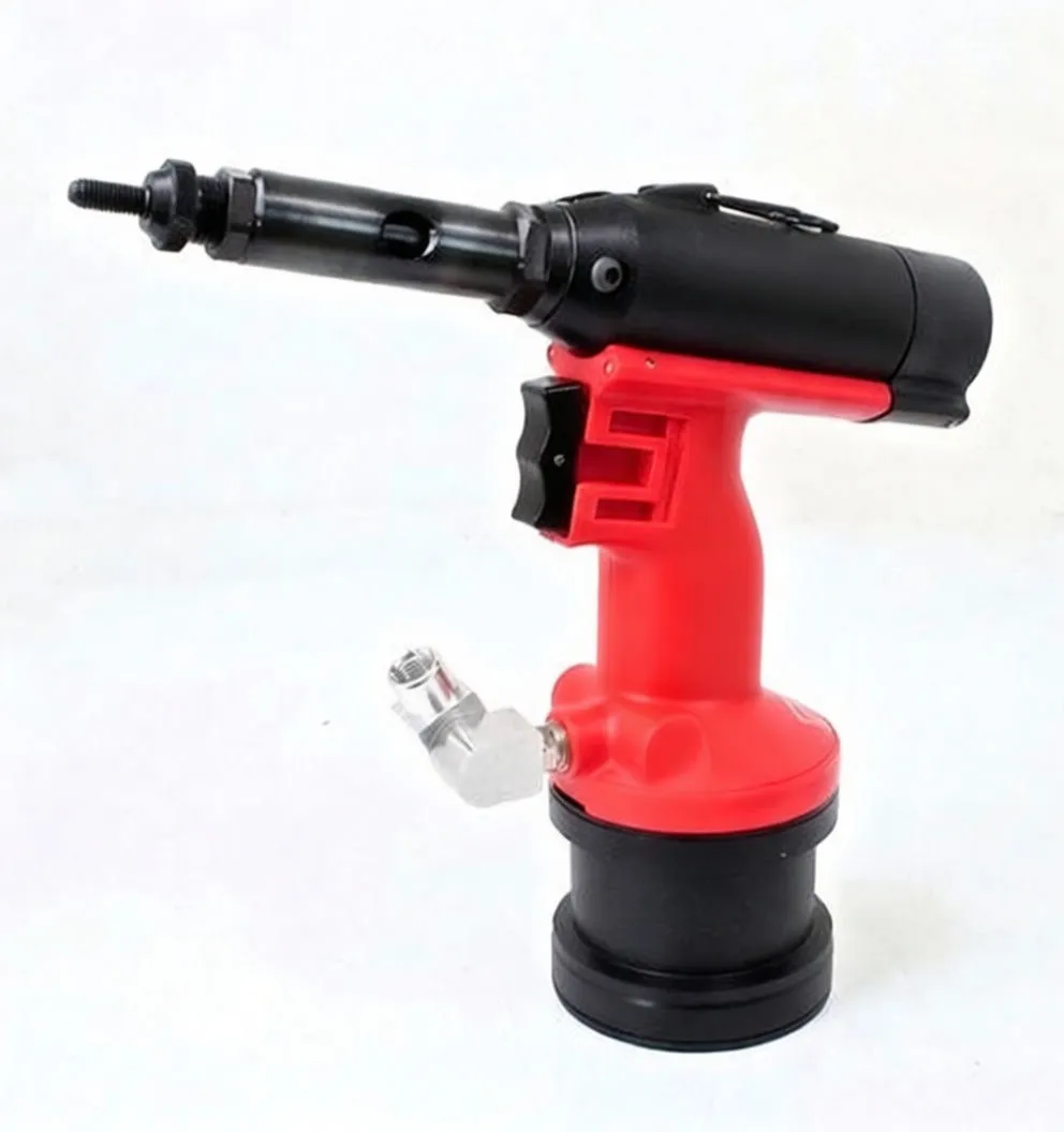 Three-quarter view of a red-and-black pneumatic rivet gun showing long metal nose, trigger, rubber grip and air fitting