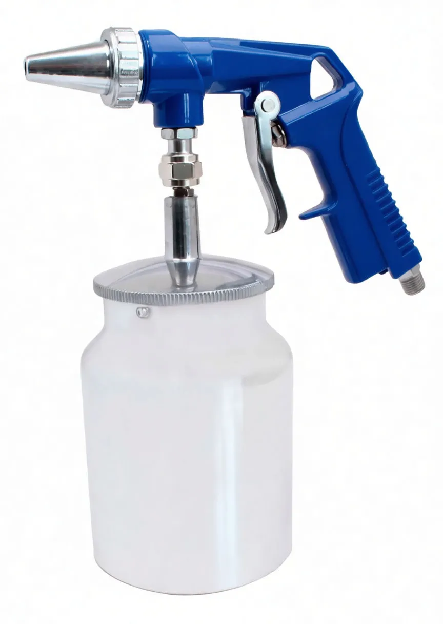 Side view of blue sandblast gun body showing ribbed handle, chrome trigger, nozzle connection and a small white label on the handle.