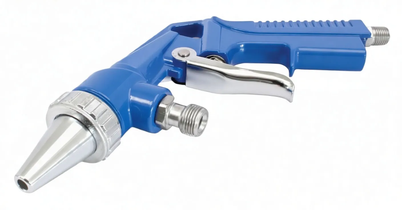 Close-up angle of the sandblast gun showing tapered chrome nozzle, knurled ring, side inlet connector and metal trigger.