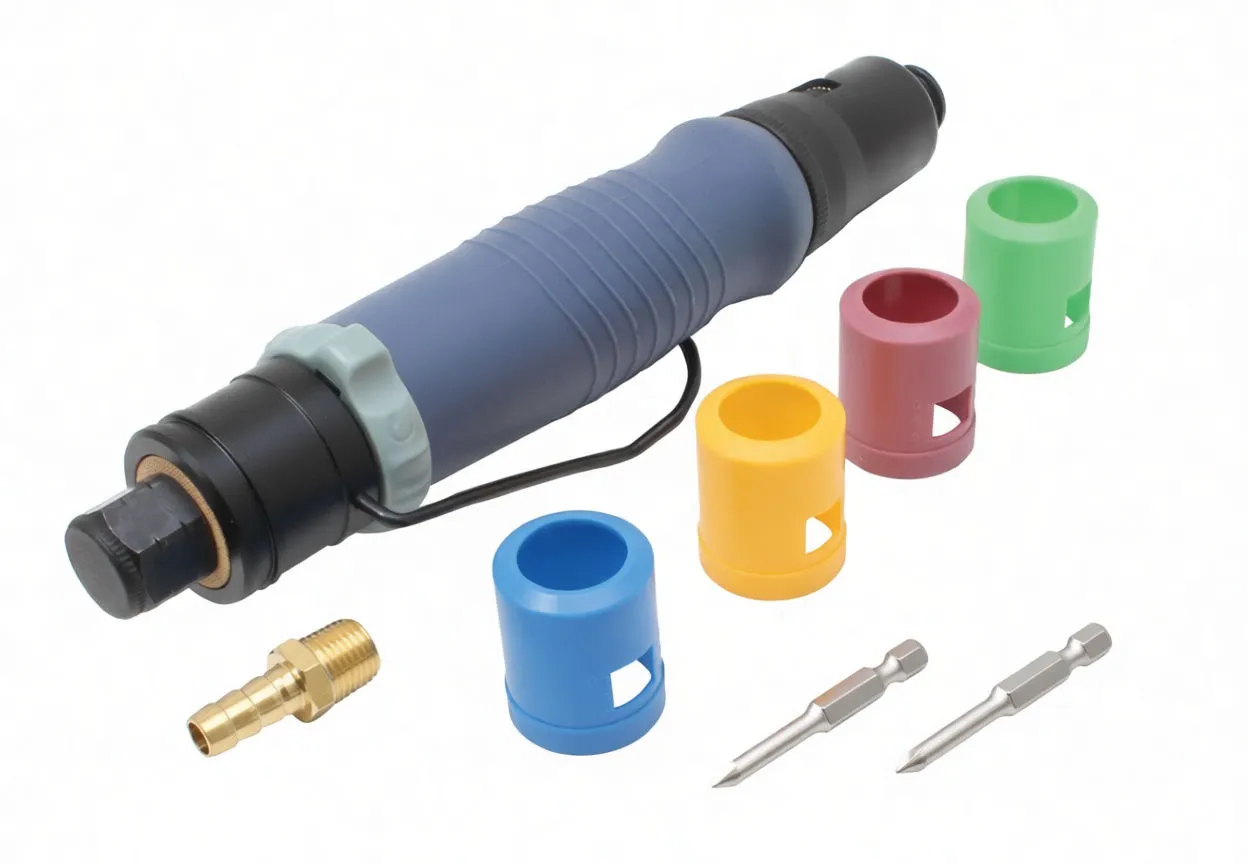 Diagonal view of pneumatic screwdriver with two bits, brass connector and four colored plastic sleeves