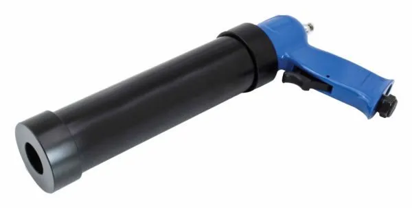 Side view of black-barrel air silicone gun with blue pistol handle and black trigger