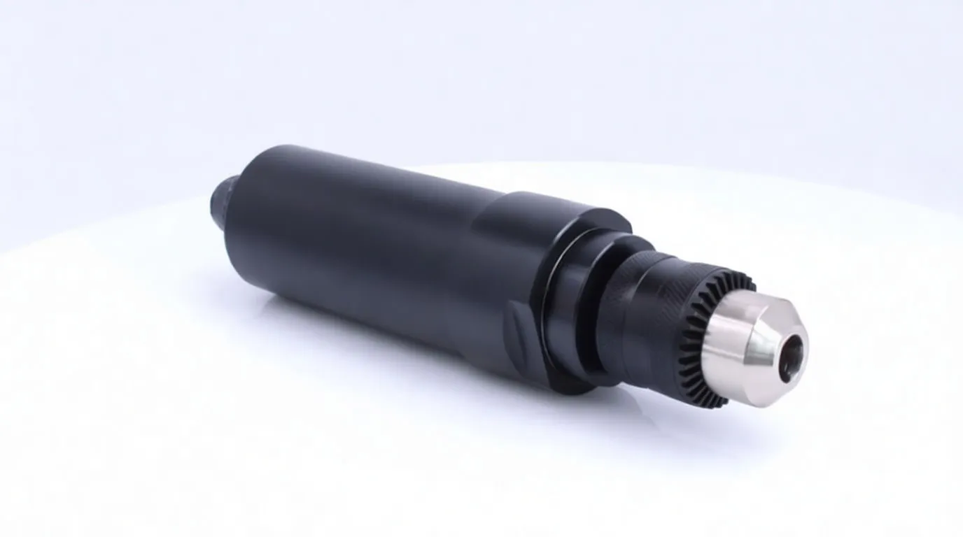 Close-up of the grinder front showing metal chuck, knurled spindle, black body with red button and warning label