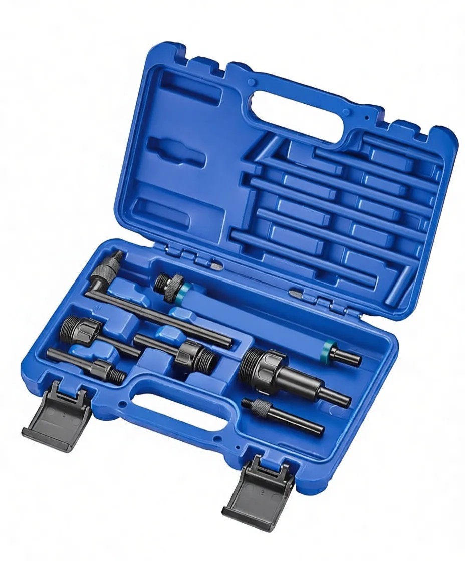 Blue plastic case open to show 13 labeled black adapters, a clear tube with rings and molded slots