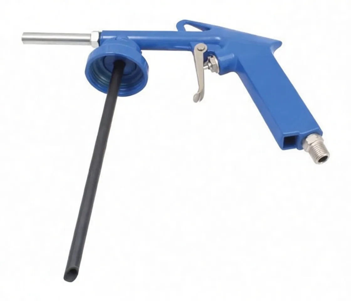 Side view of blue undercoating spray gun showing trigger, handle, threaded inlet and long black tube