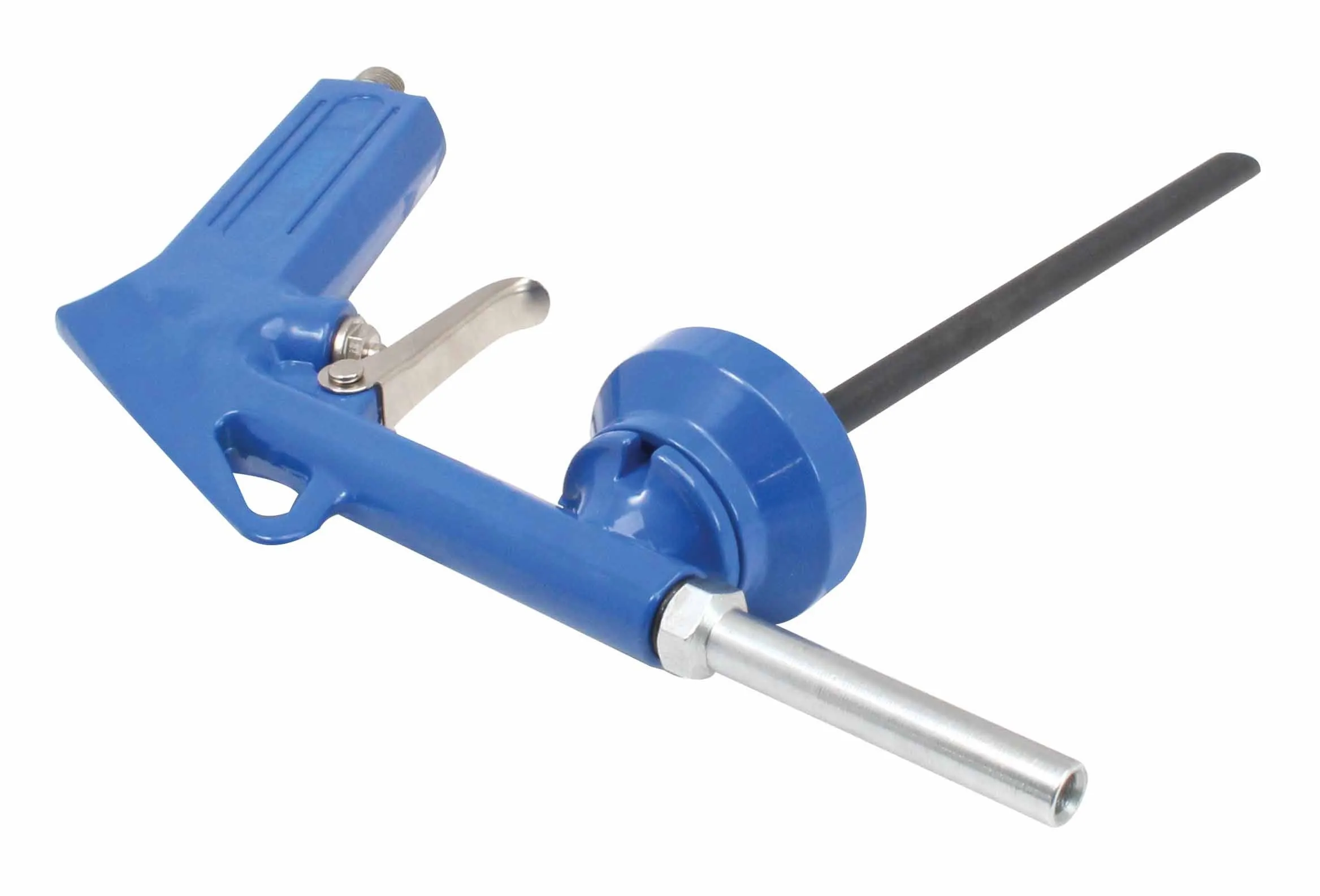 Close-up of blue undercoating gun showing trigger, threaded collar, silver nozzle and black applicator tube
