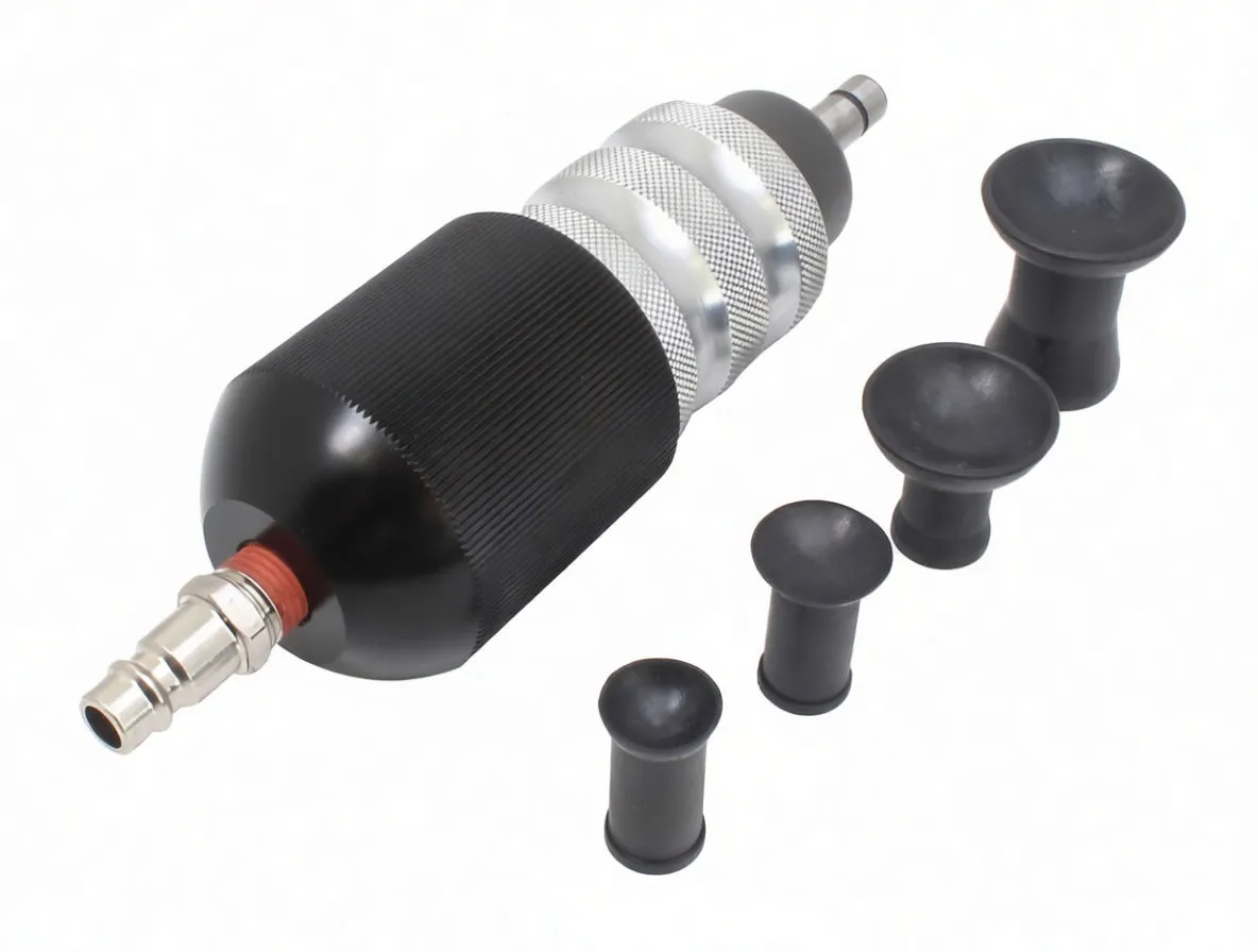 Close-up of lapping tool with ASTA A-AVL4 marking, knurled grips, air fitting and four rubber lapping heads