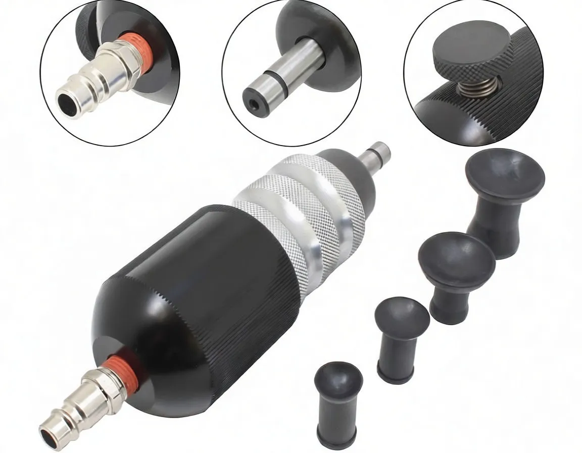 Lapper and rubber heads with inset closeups of air fitting, spindle tip, and adjustment knob