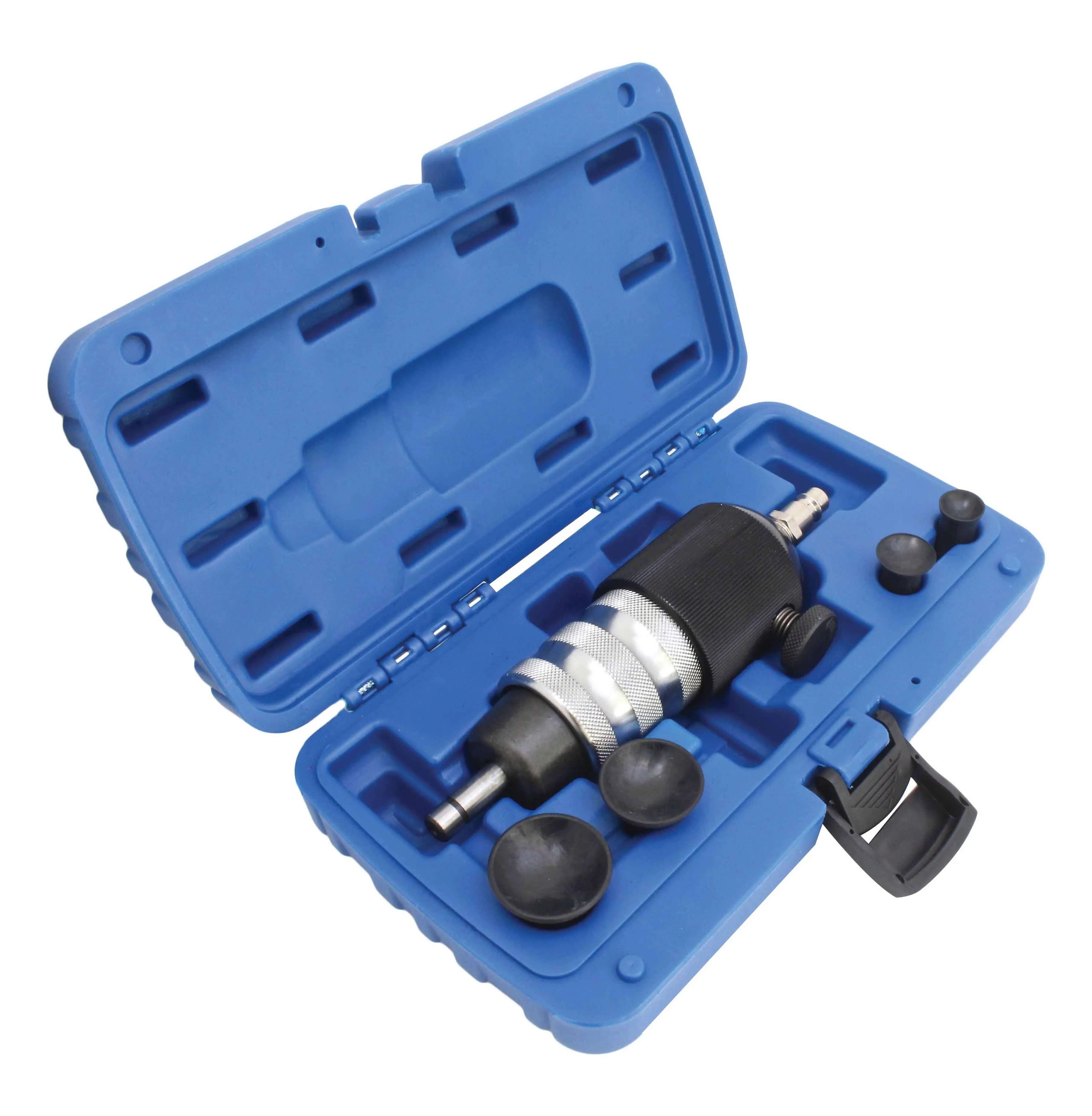 Angled view of open blue case showing air lapping tool with knurled metal rings and rubber cups