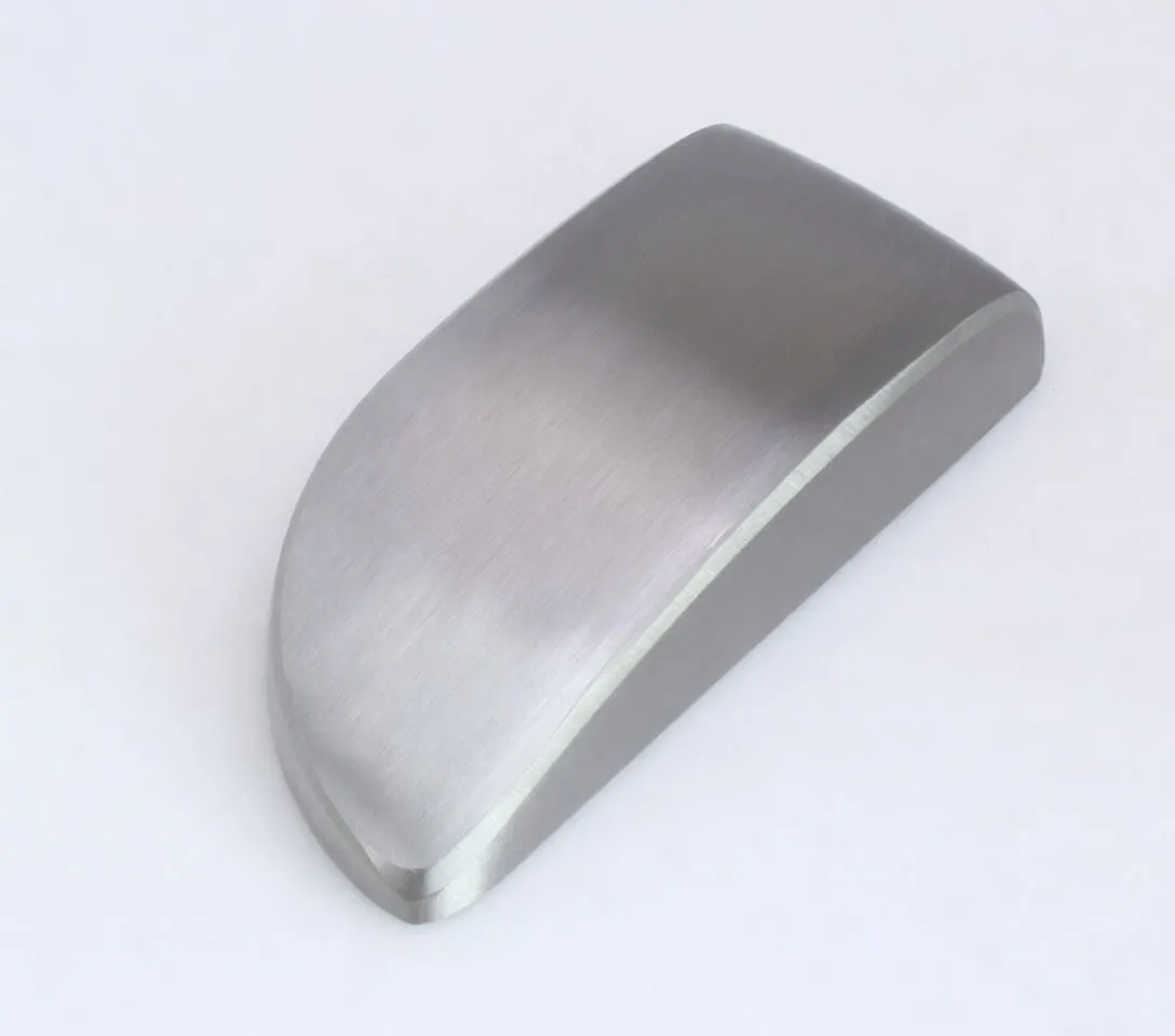 Brushed stainless metal hardware piece with rounded top and ASTA LDP148 engraving, angled view