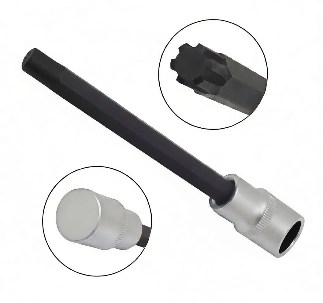 Full-length view of long S2 polydrive (RIBE) socket bit with marking S2 RT10 and a knurled silver socket