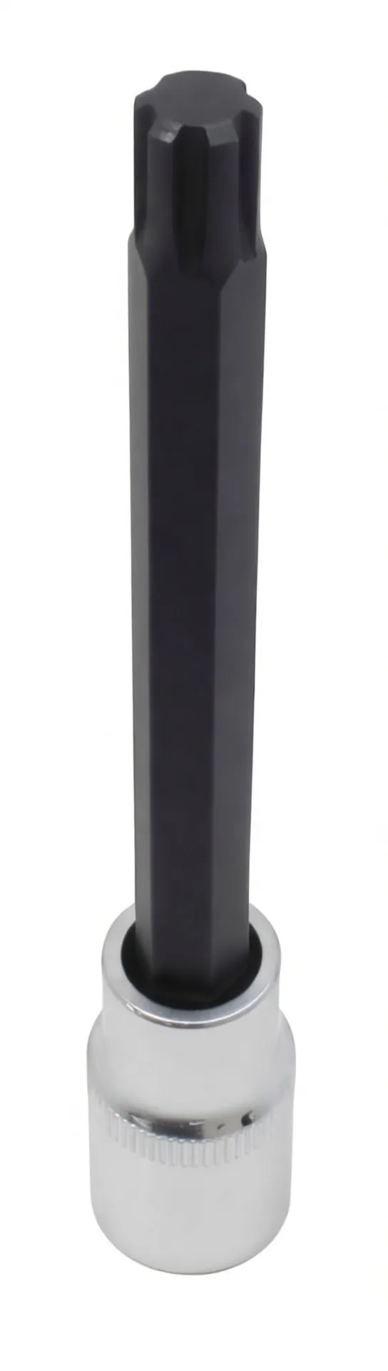 Vertical view of polydrive (RIBE) socket bit showing lobed tip, hex shaft and knurled silver socket